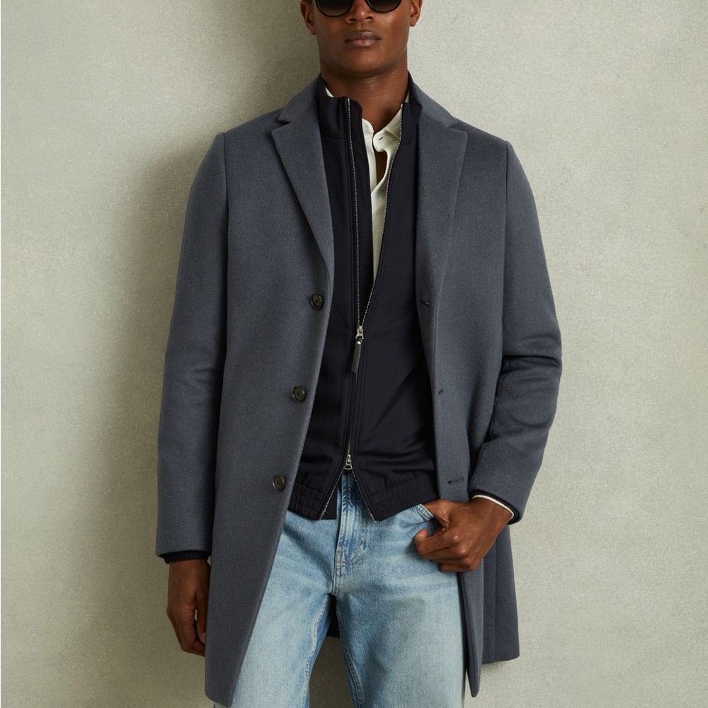 Reiss Men's Single Breasted Wool Blend Gray Overcoat